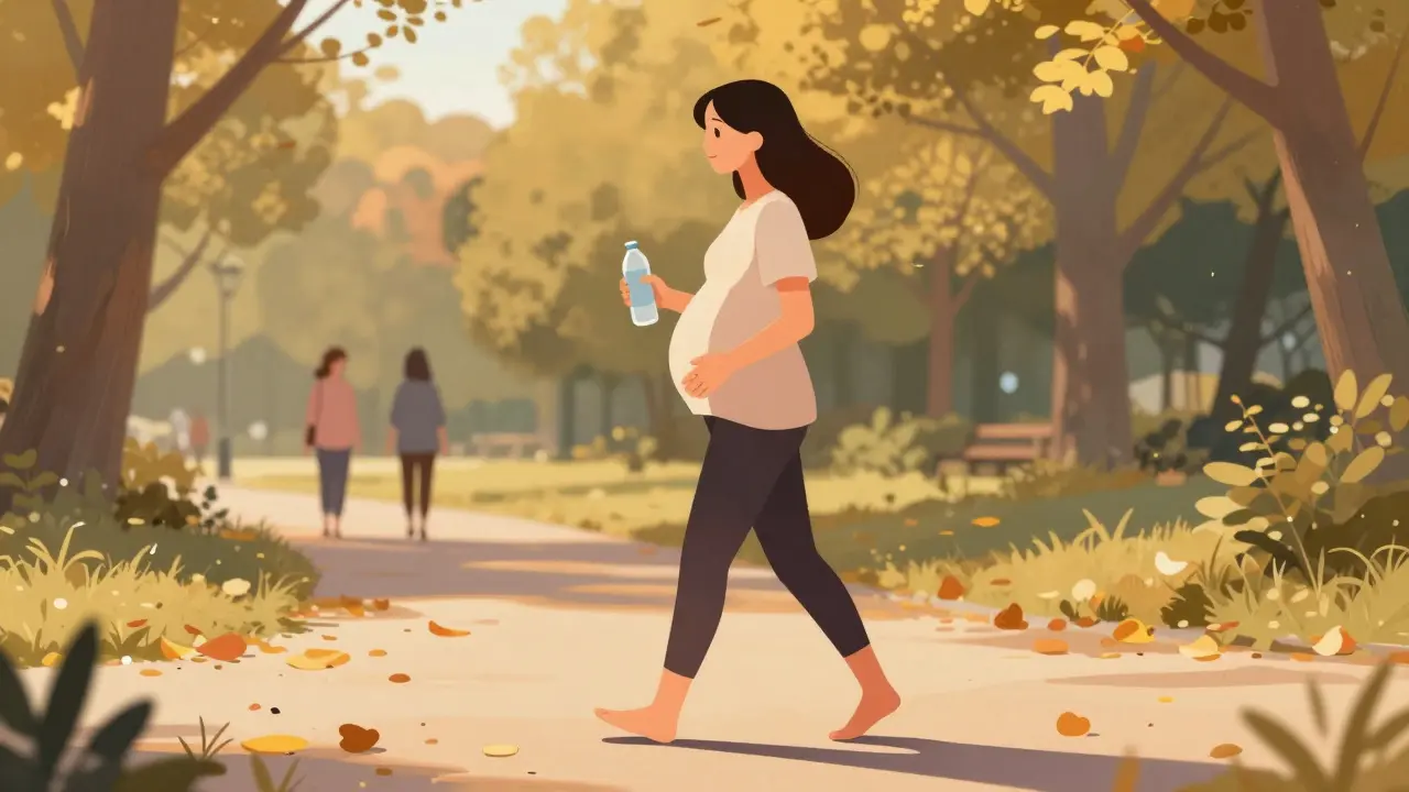 Těhotná žena prochází parkem v zlaté hodině, ruka na břiše, jemné otoky nohou.