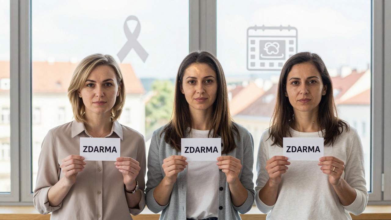 Tři ženy různých věků stojí v Brně s karetami &#039;ZDARMA&#039;, slunce je osvětluje, za nimi jsou tiše viditelné lékařské symboly.