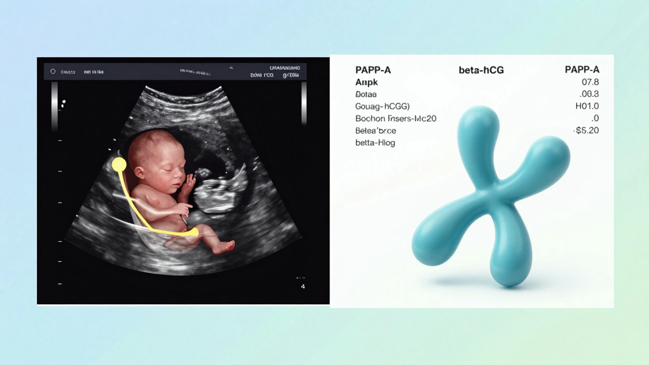 Ultrazvuk plodu s měřením NT a laboratorní výsledky PAPP-A a beta-hCG.
