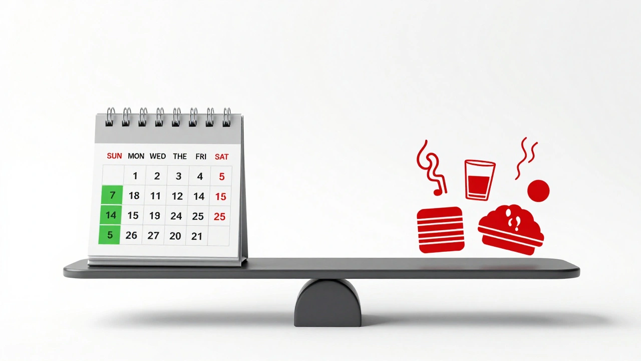 Váha s kalendářem 3-5 dní na jedné straně a symboly alkoholu, kouře a stresu na druhé.