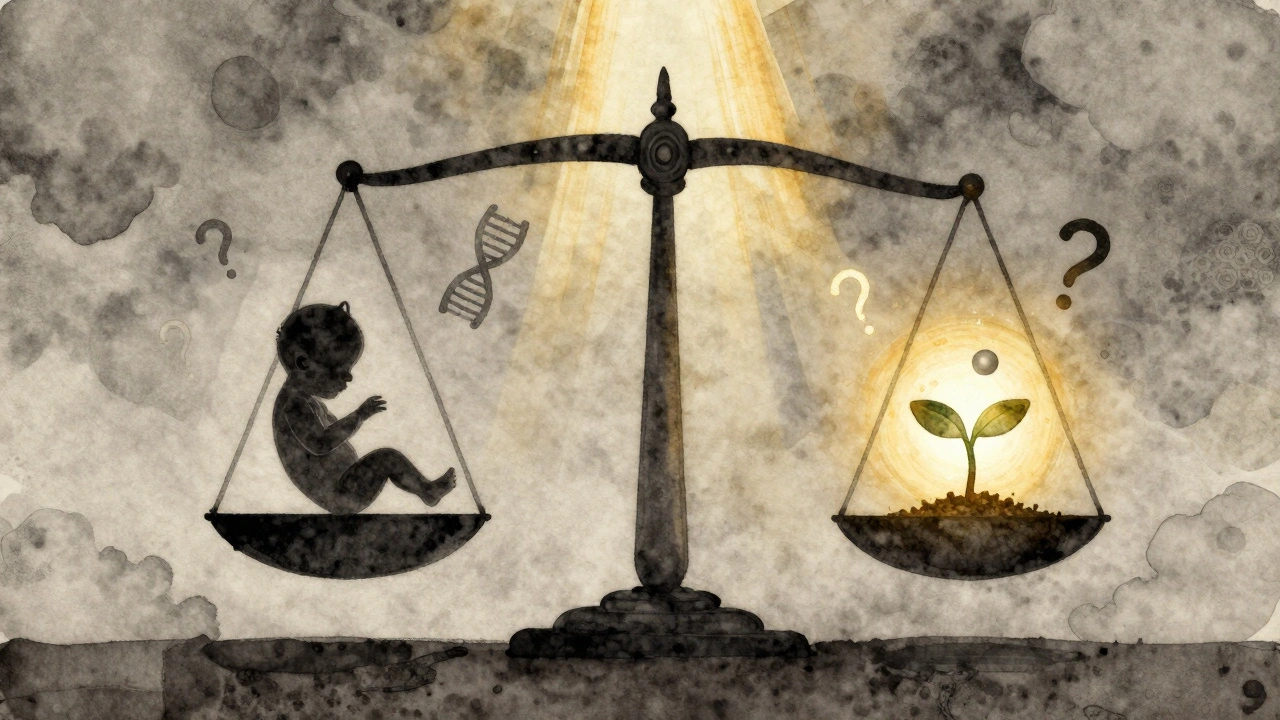 Váha s plodem a molekulou PAPP-A, symbolizující riziko a naději v těhotenství.