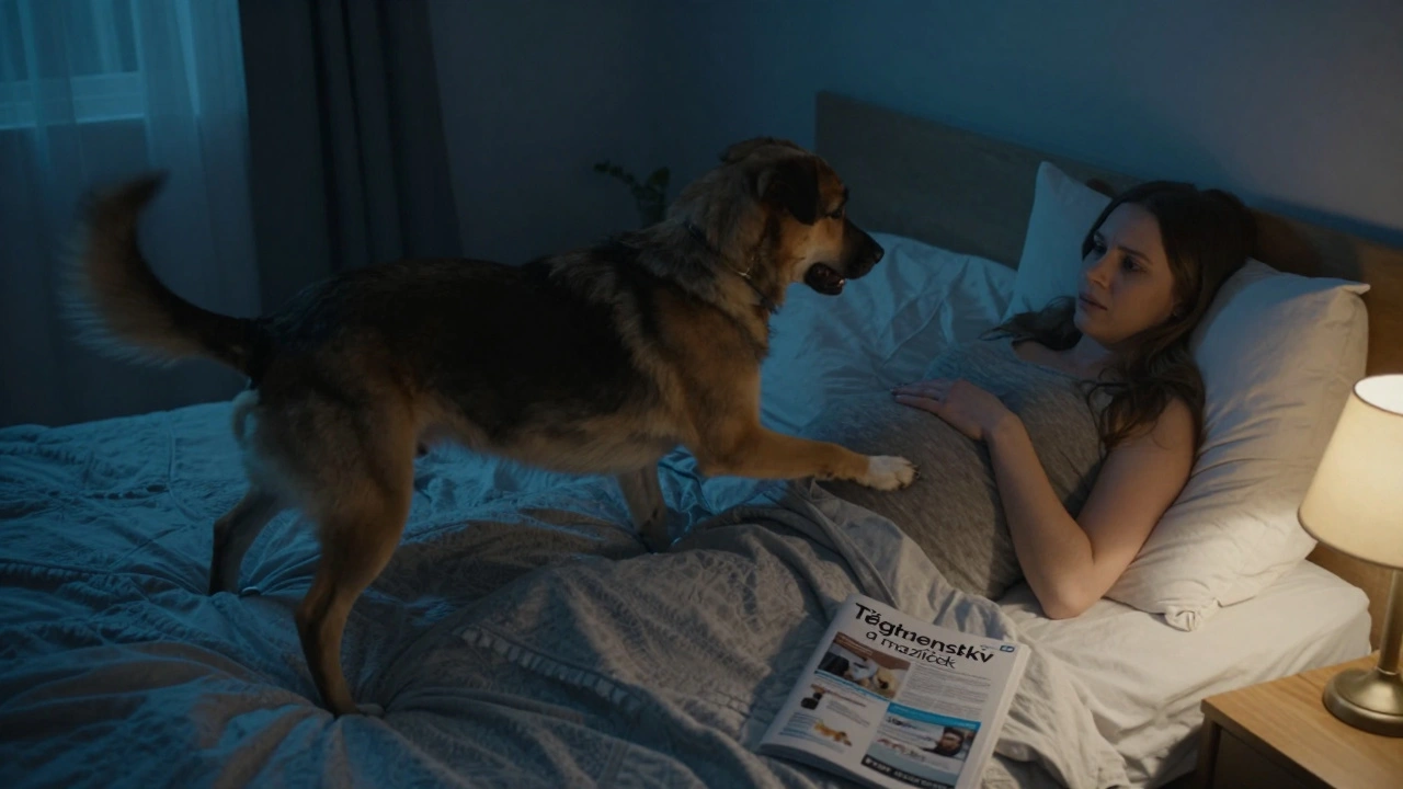 Velký pes se otáčí v posteli a nevědomky tlačí na břicho těhotné ženy, která se probouzí.