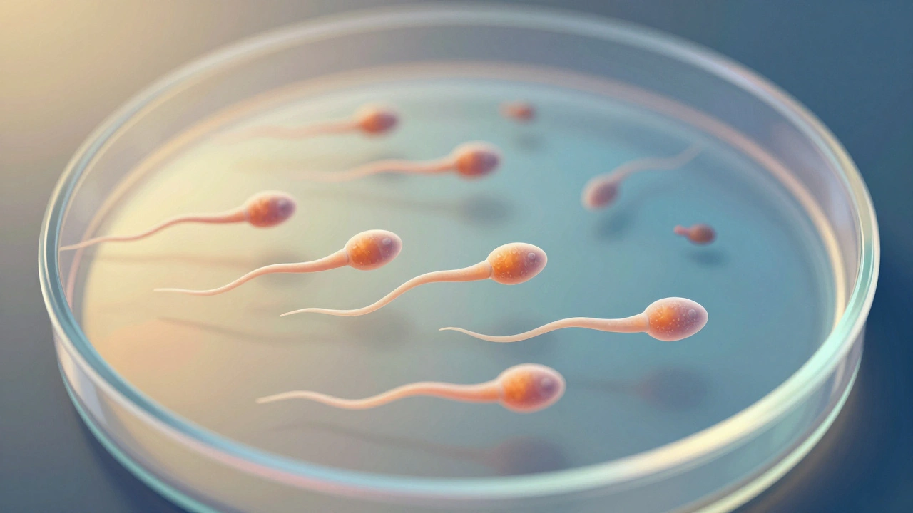 Zdravé a nezdravé spermie v Petri misce, aktivní plavou v popředí, pomalé a poškozené v pozadí.