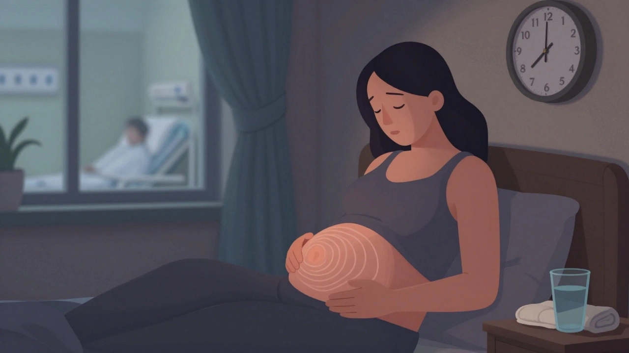 Žena doma během přípravných kontrakcí, čas ukazuje 5:00, připravuje se na porod.