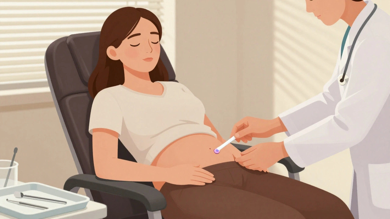 Žena na gynekologickém vyšetření dostává vložení IUD.