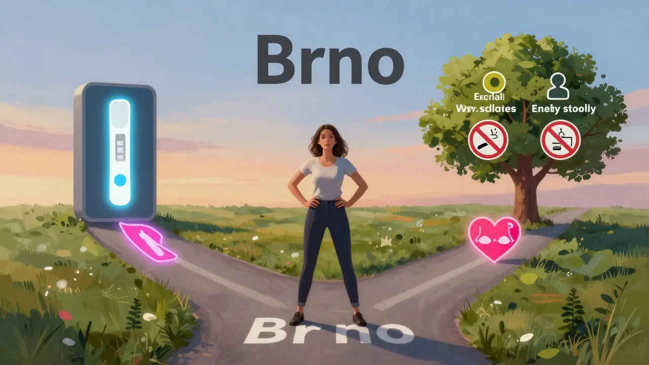 Žena na křižovatce s cestami k preventivní péči, zdravému životnímu stylu a vyšetření.