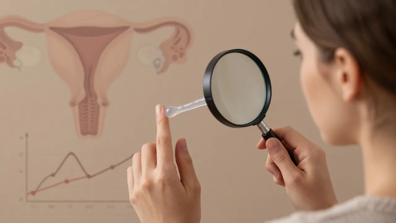 Žena pozoruje výtok s loupánkou, symbolizující ovulaci.