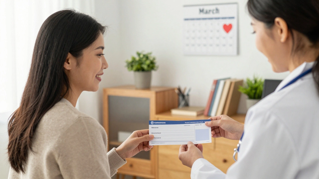 Žena přijímá bezplatnou gynekologickou prohlídku v malém městě, lékařka jí předává voucher.