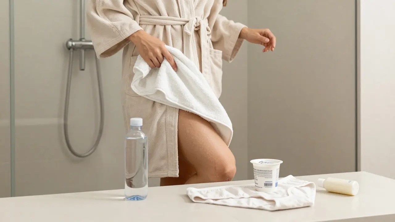 Žena se vysušuje po koupeli, vedle ní bavlněné spodní prádlo a jogurt pro prevenci.