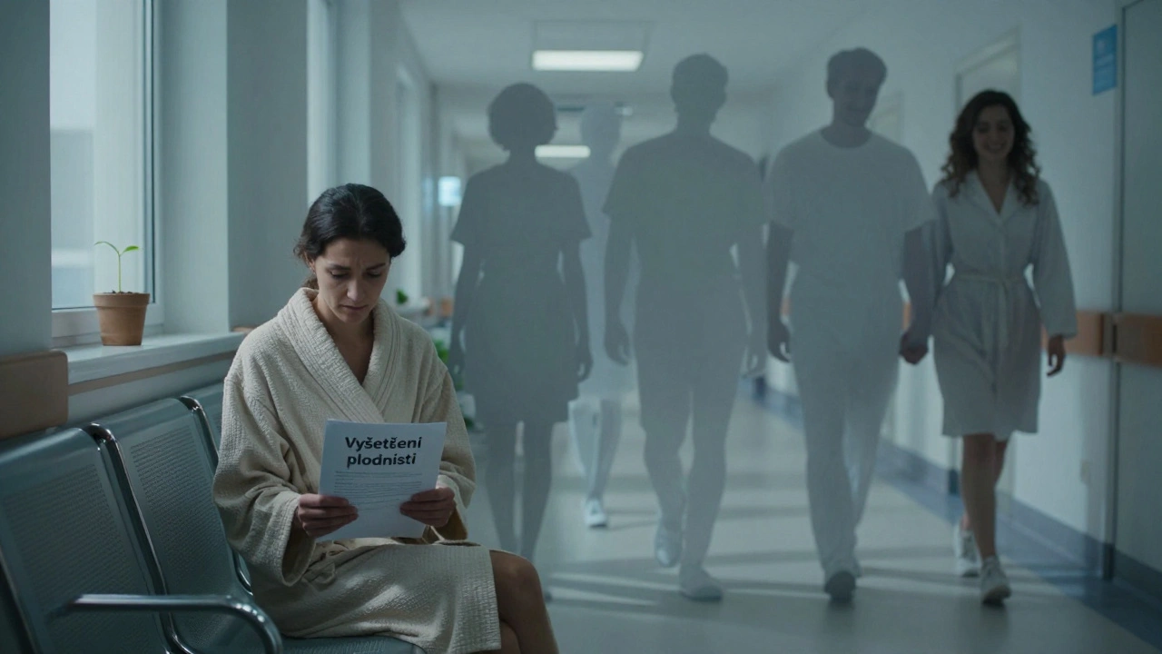 Žena sedí na lavičce v nemocnici s dokumenty o plodnosti, za ní stíny jiných párů.