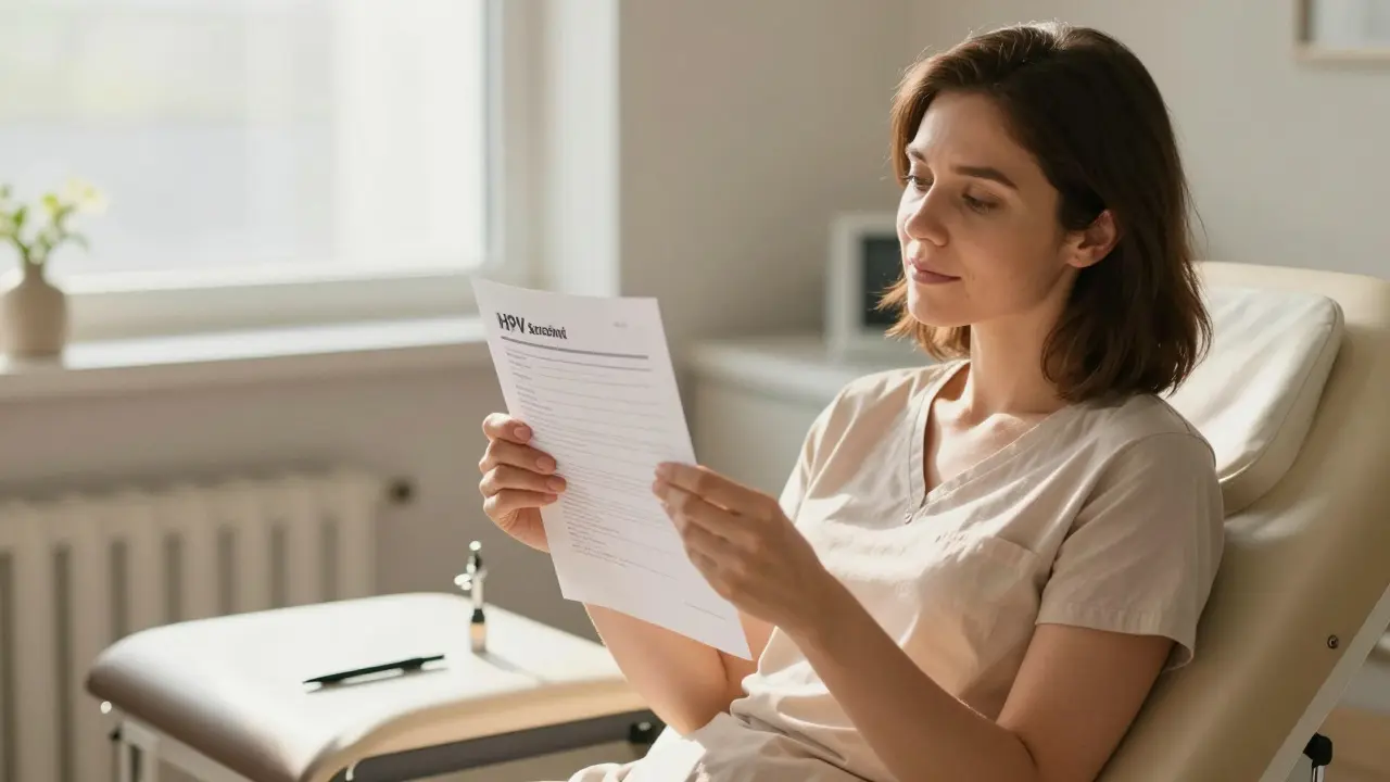 Žena si přečítá výsledek screeningu HPV v klidné gynekologické ordinaci.