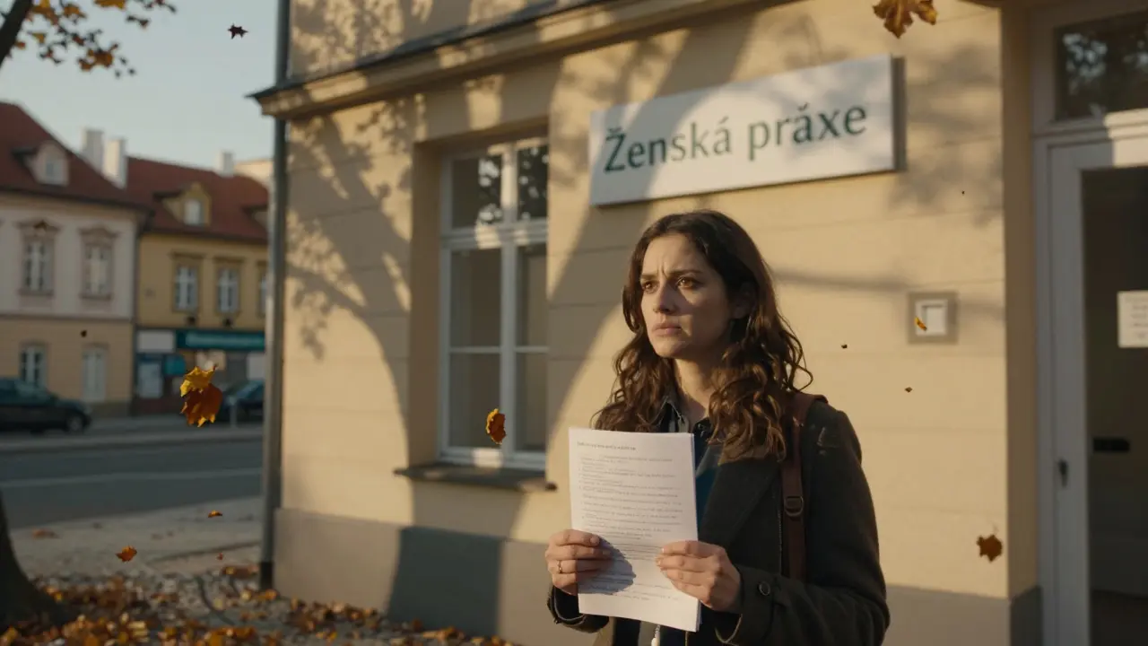 Žena stojí před klinikou v Praze s listem otázek, podzimní listí ji obklopuje.