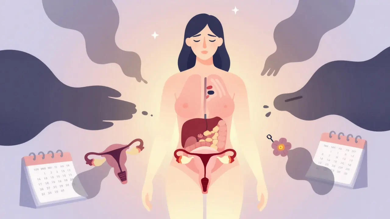 Žena stojí se světlou abstraktní siluetou svého těla, strachy se mění v světlo a květiny.