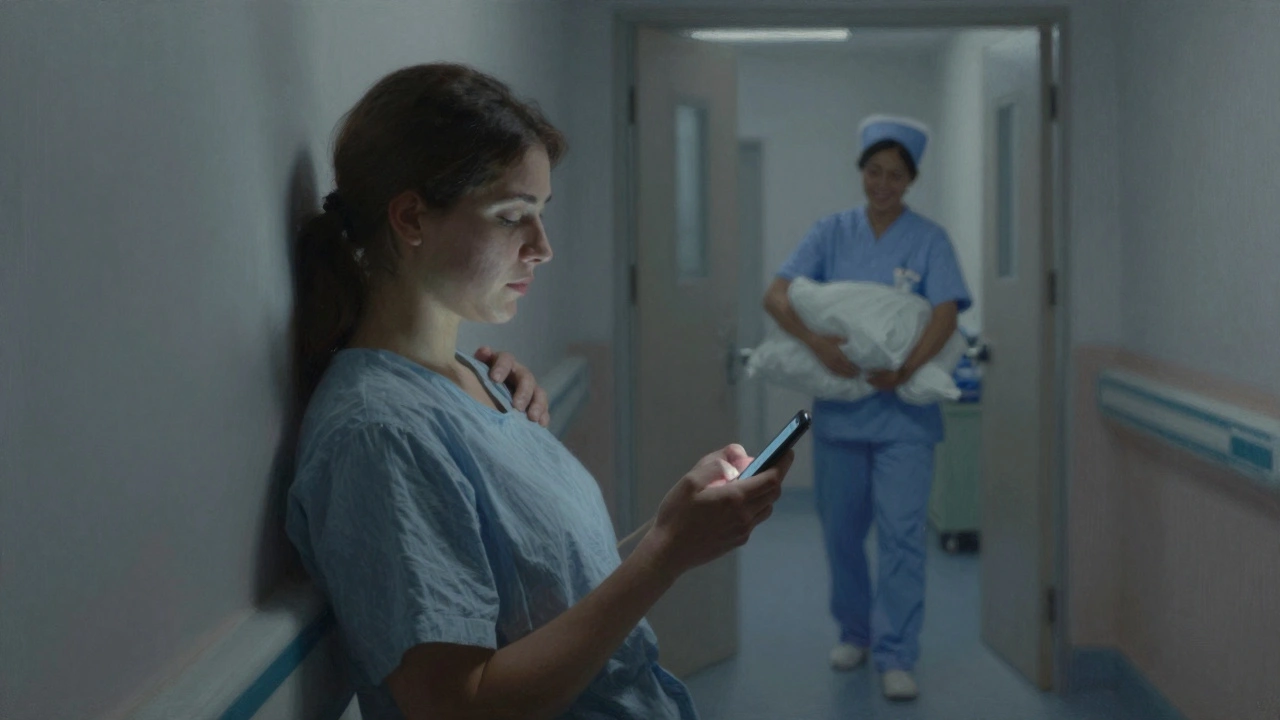 Žena v nemocniční chodbě dýchá hluboce, ruka podpírá její rameno, obraz přenáší klid a podporu.