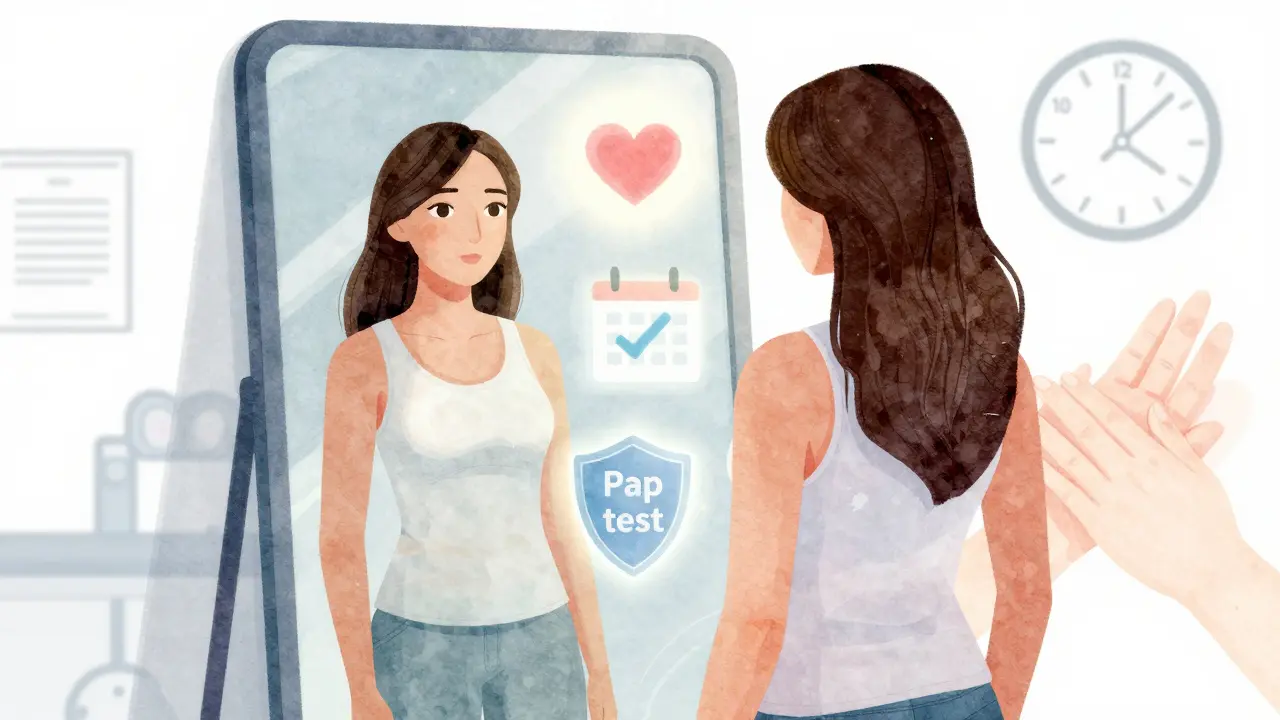 Žena v zrcadle vidí symboly zdraví – srdce, kalendář a štít – znázorňující péči o sebe.