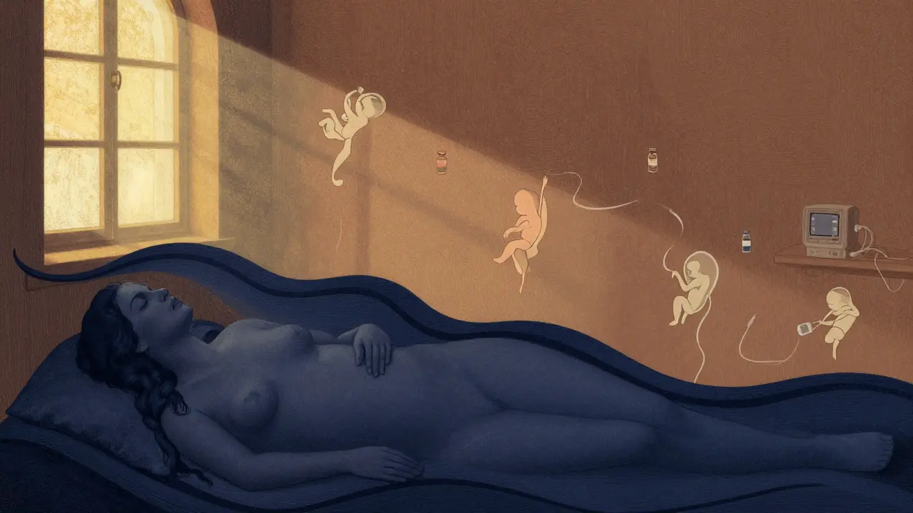 Abstraktní ilustrace porodu trvajícího tři dny, s fyzickými a symbolickými prvky stahů a polohy plodu.