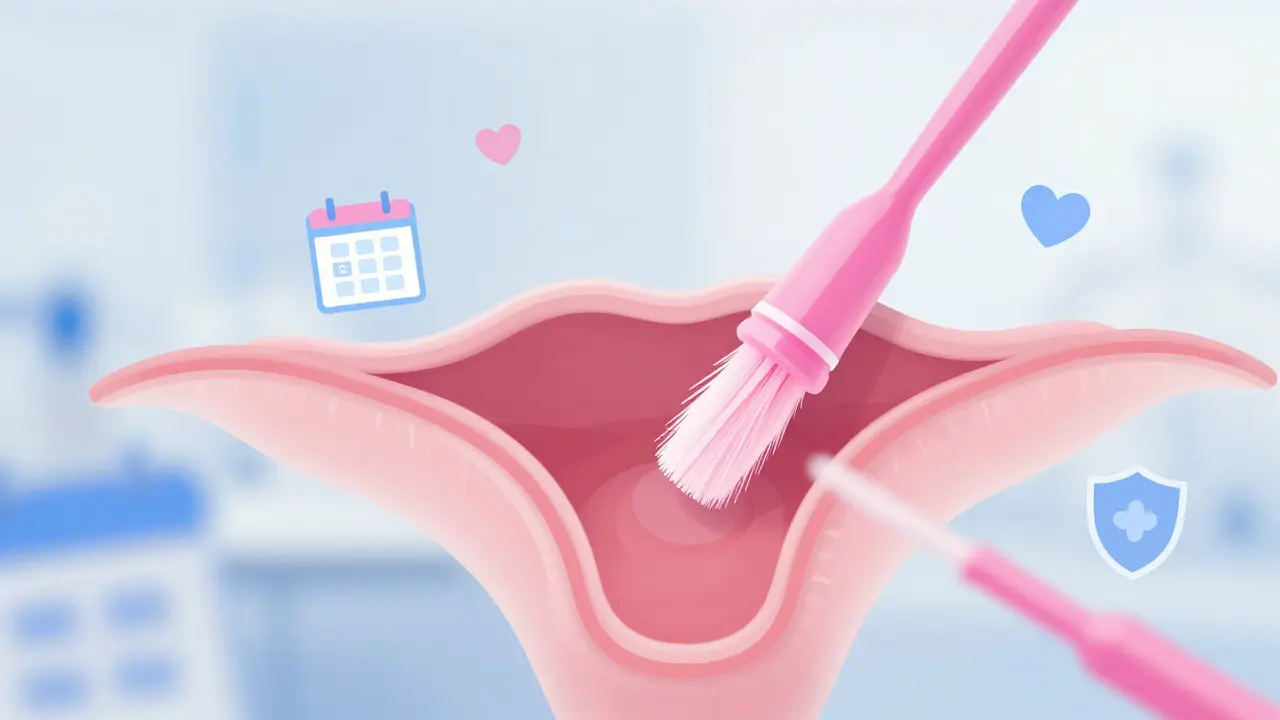 Abstraktní vyobrazení cytologické štětce a symbolů prevence na jemném pozadí.