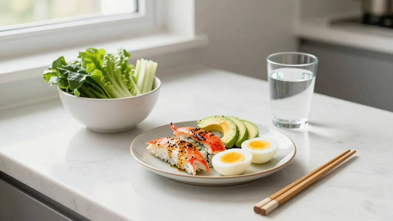 Bezpečná sushová mísa s vařenými ingrediencemi a čerstvou zeleninou na kuchyňském stole.