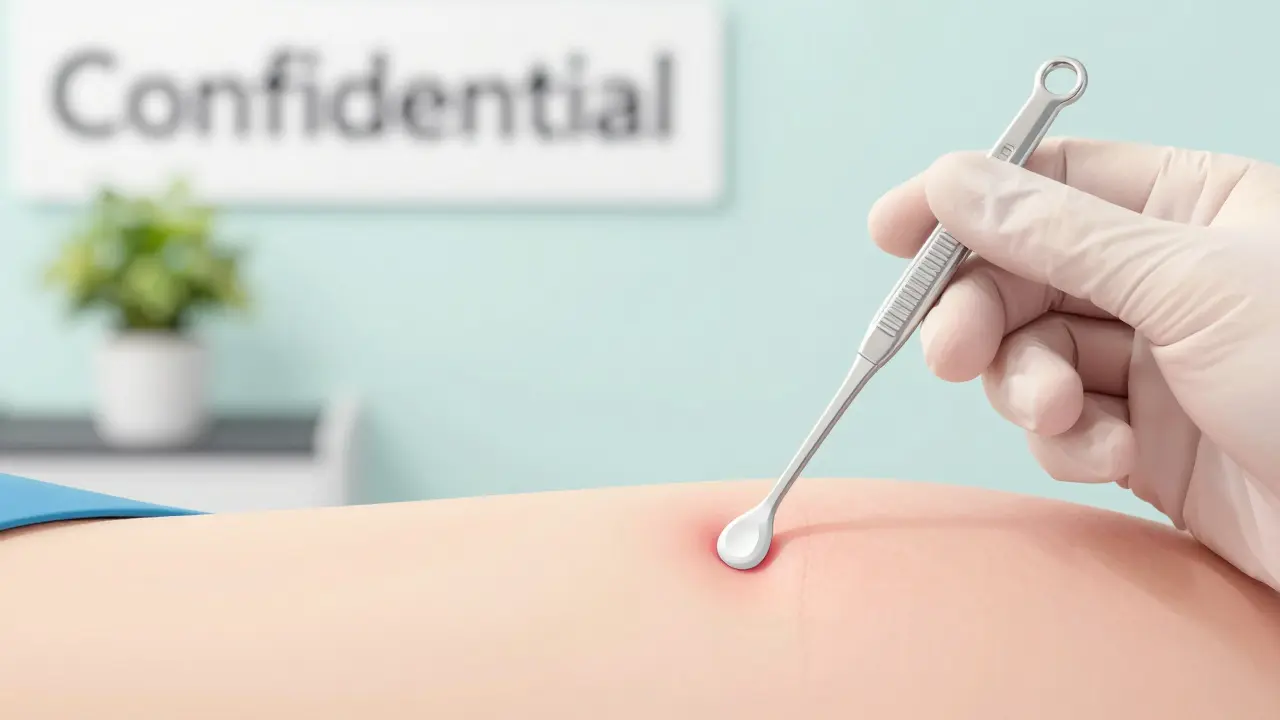 Close-up of a gentle swab being collected during a minimally invasive gynecological exam.