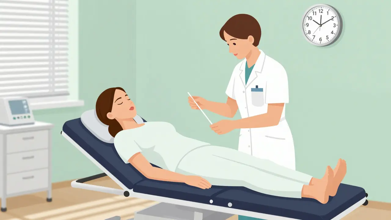 Gynekolog vkládá IUD pacientce v ordinaci.