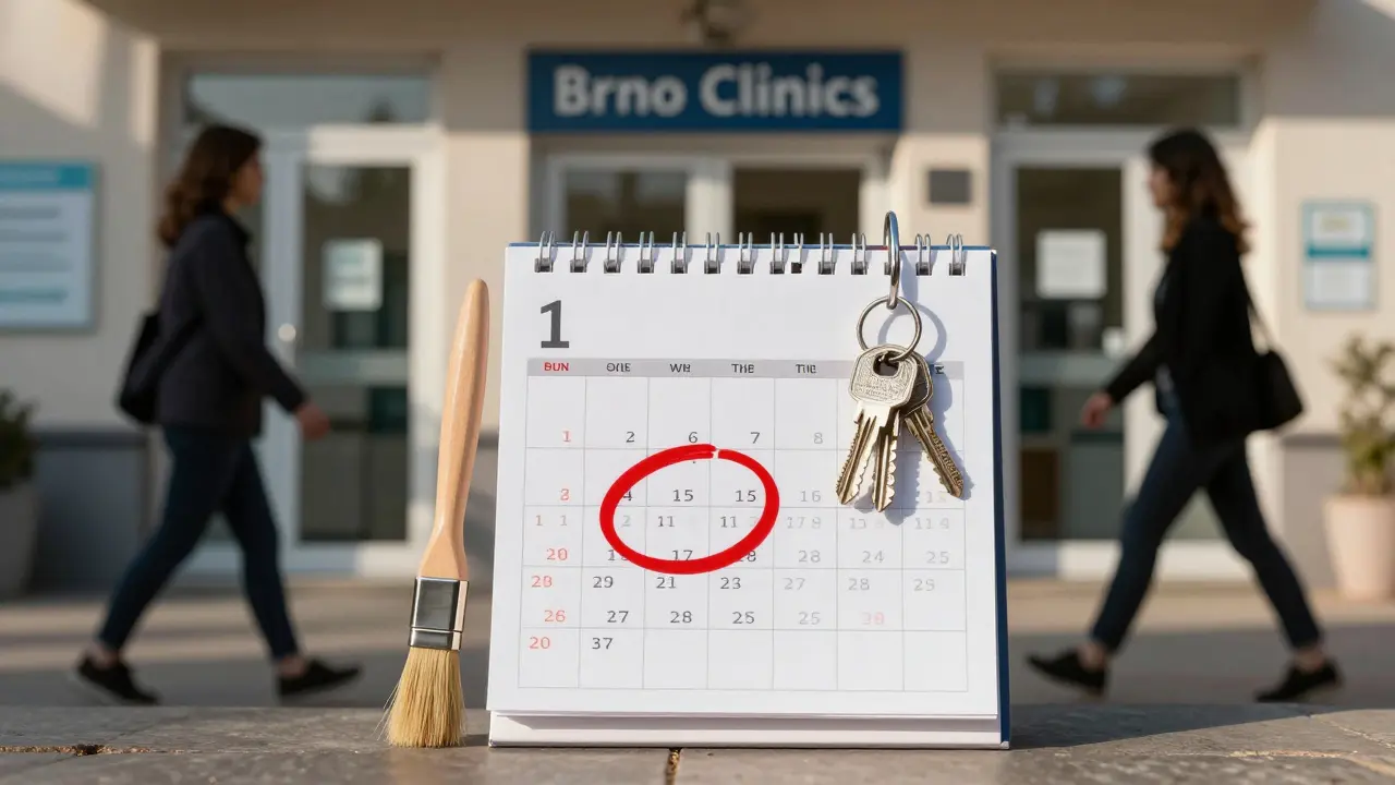 Kalendář s označeným datem vyšetření a klíče k gynekologickým ordinacím v Brně.