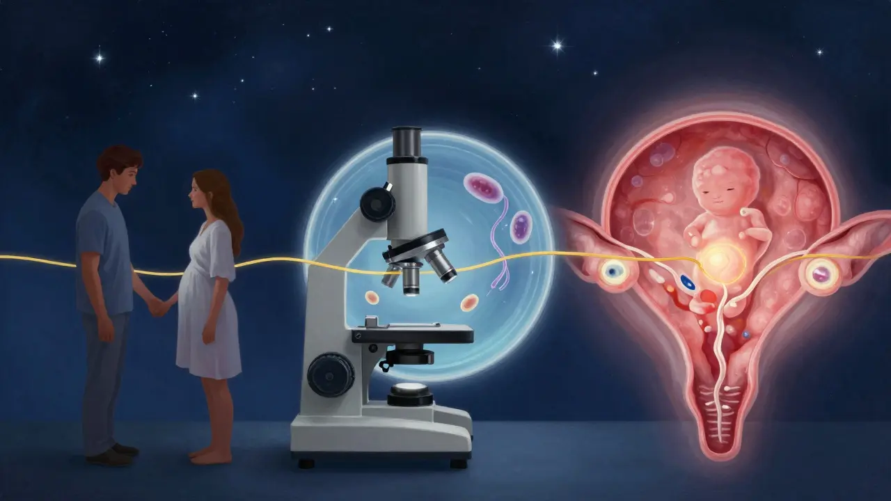 Koncepční scéna ukazující přirozené početí, laboratorní oplodnění a přenos embrya spojené zlatou nití.