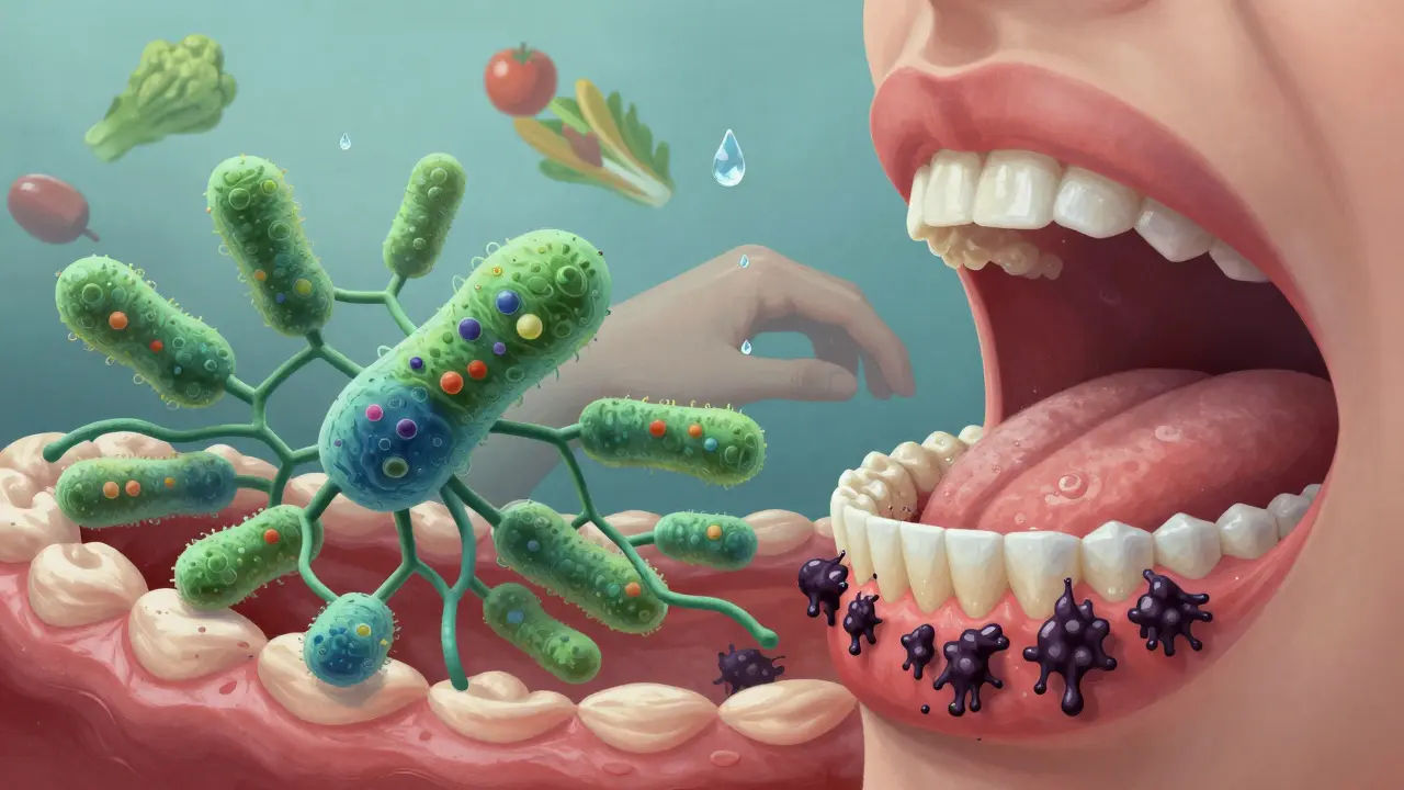 Konceptuální obrázek rovnováhy mezi prospěšnými bakteriemi a kvasinkami v ústech.