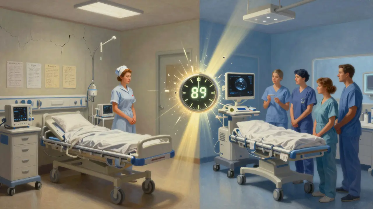 Kontrast mezi starou a moderní porodní péčí: 1950-s vs. dnešní nemocnice s technologií a týmem.