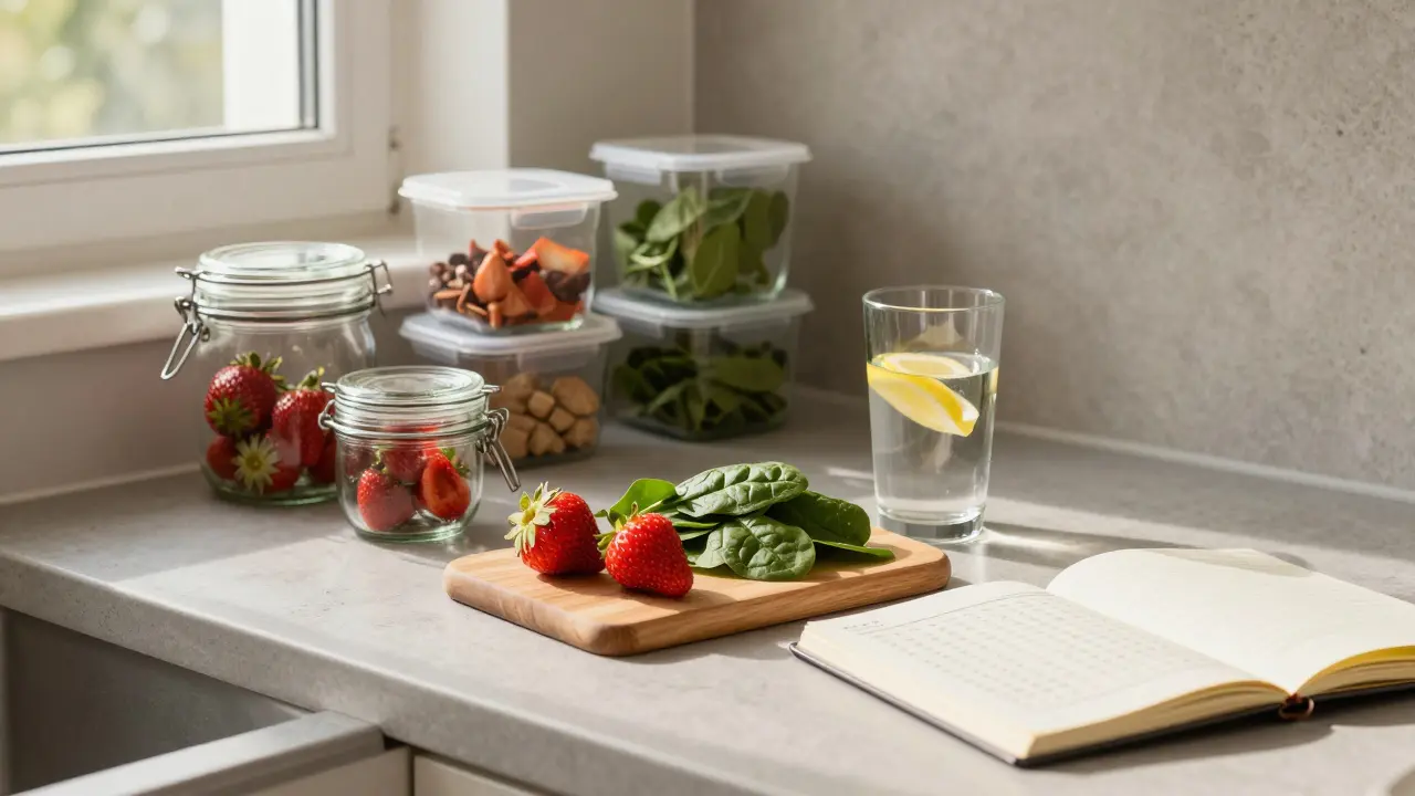 Kuchyňský pokliček s skleněnými nádobami, organickým ovoce a zeleninou a záznamem cyklu.