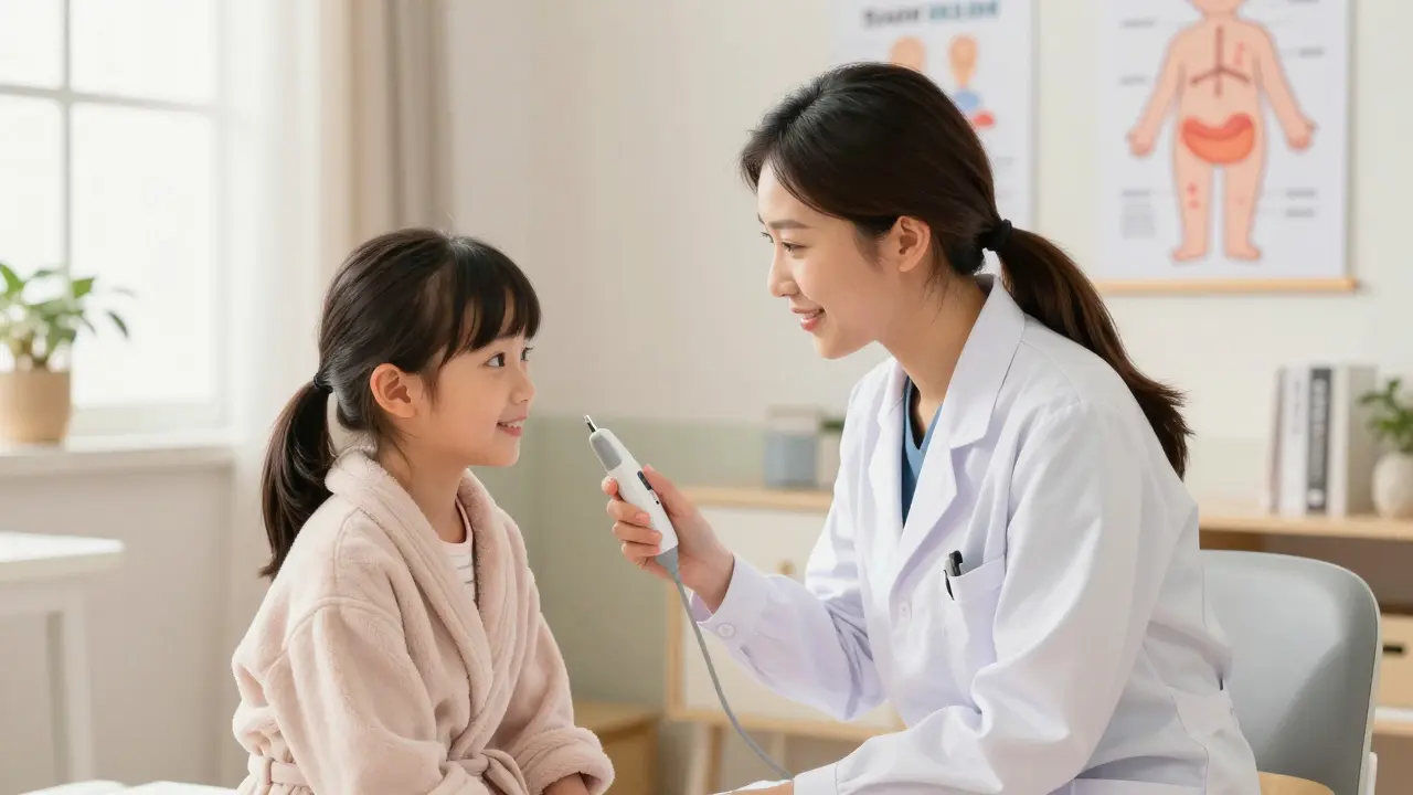 Lékařka mluví s dívkou o vývoji těla v klidné, přívětivé klinice.