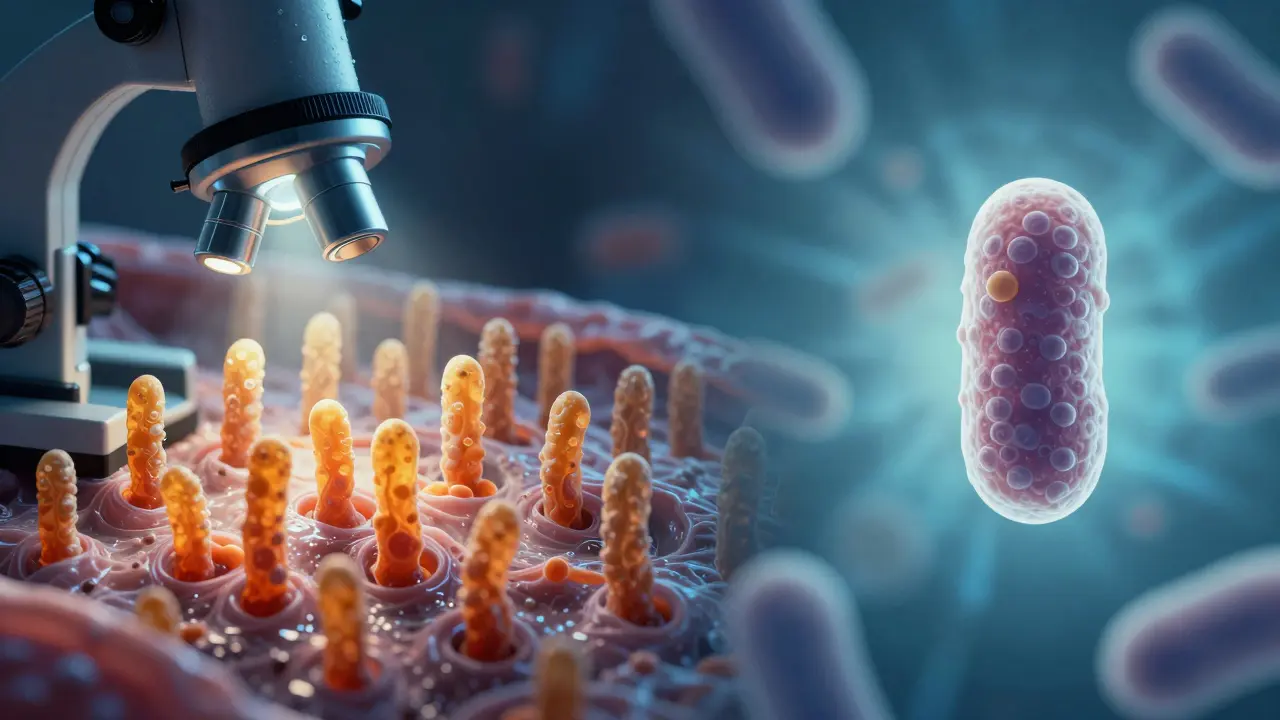 Mikroskopický pohled na kvasinky a probiotika v rovnováze — zdravá mikroflóra obnovuje pochvu.