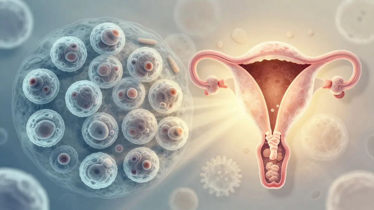 Mikroskopický pohled na zdravé buňky děložního čípku přecházející do tvaru zdravého orgánu.