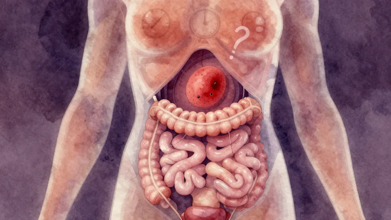 Průhledný lidský tělo s malým nádorem u vaječníků a stlačenými orgány.