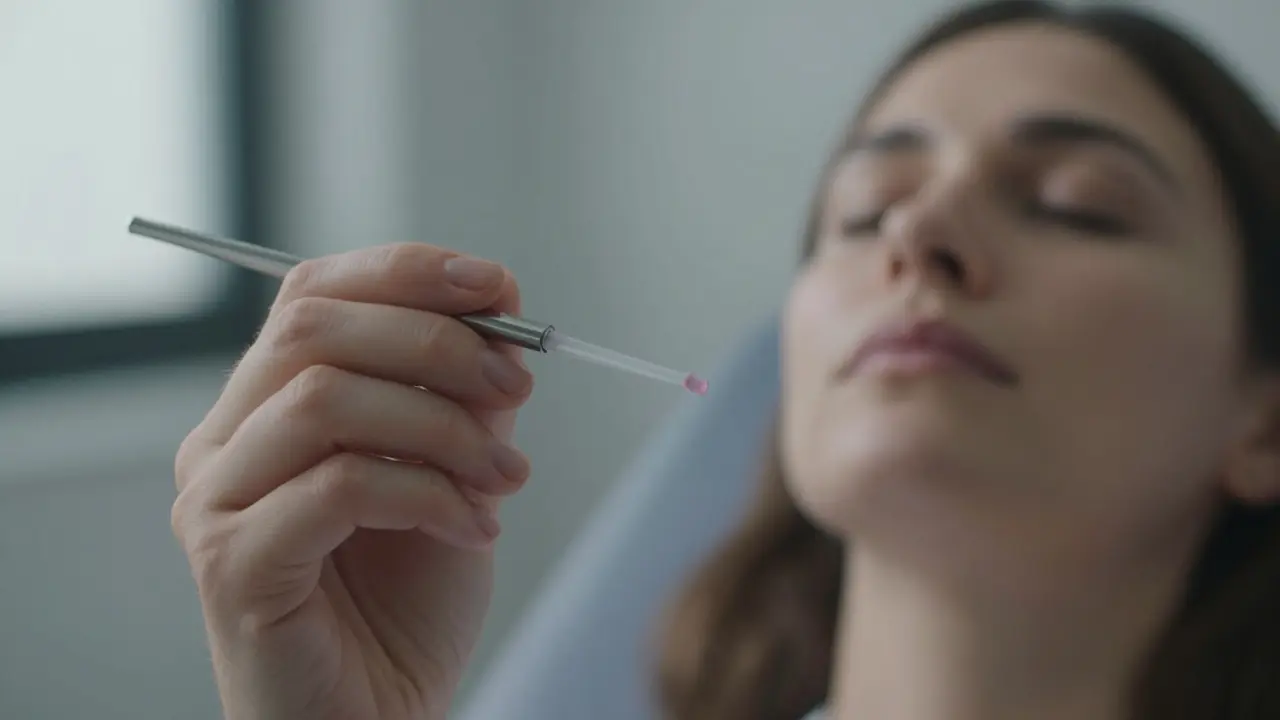 Ruka lékařky jemně sbírá vzorek buněk z děložního čípku během Pap testu, žena dýchá klidně.