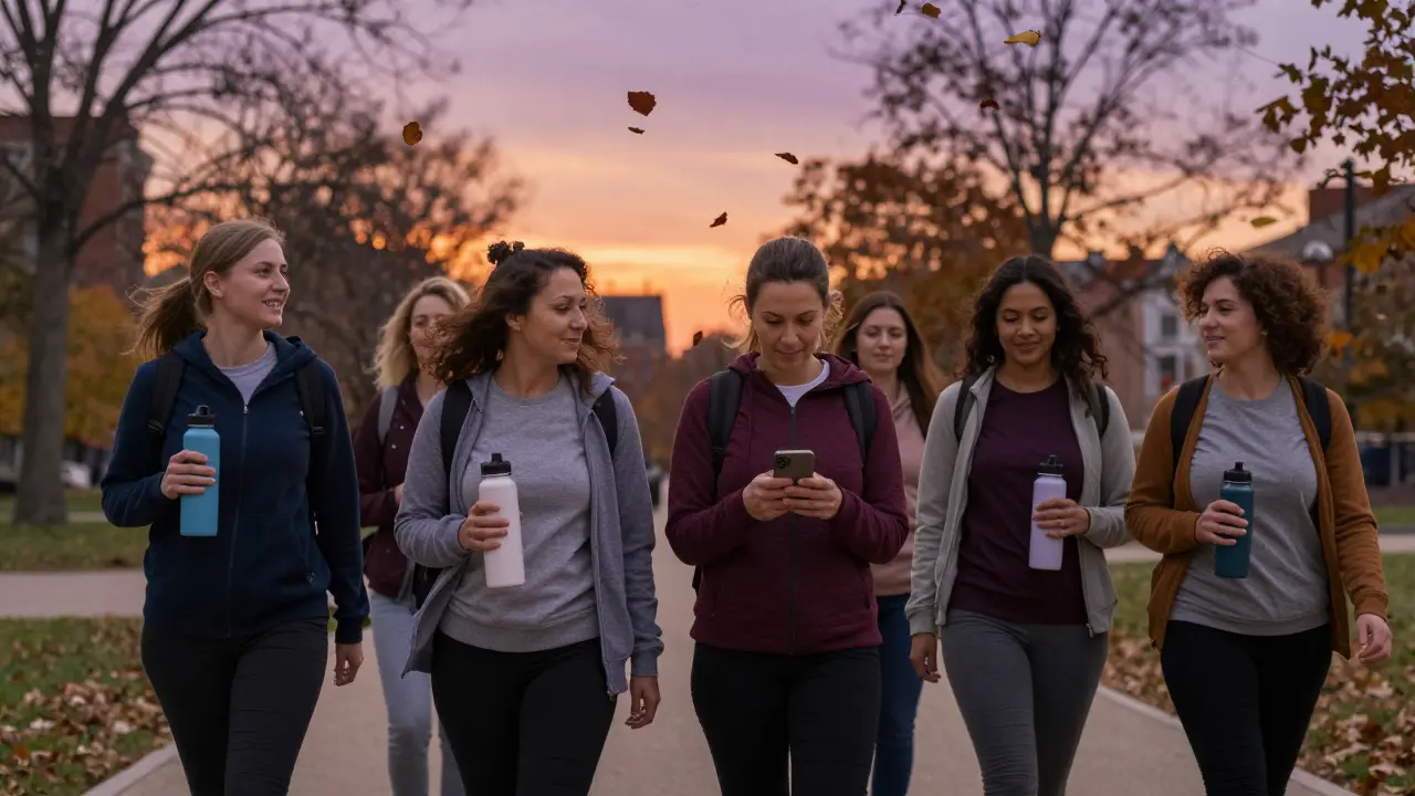 Skupina žen prochází parkem ve večerním světle, drží nádoby s vodou.