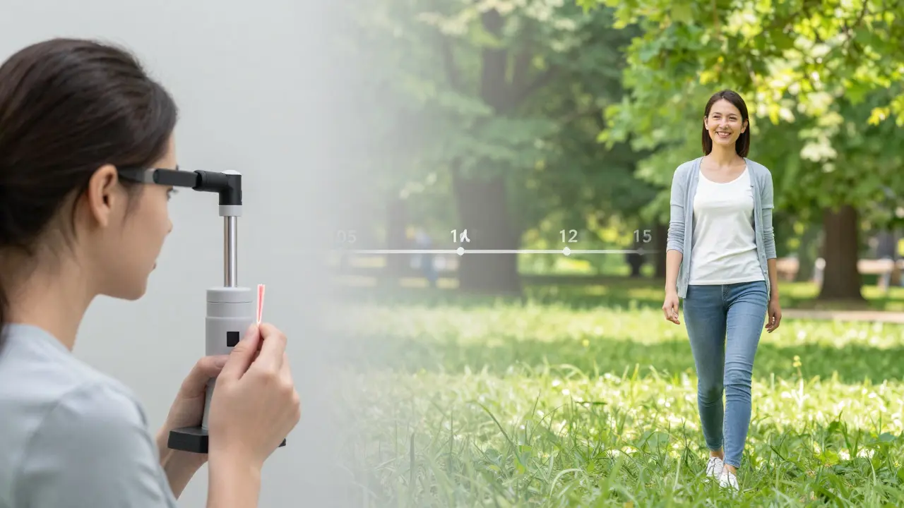 Split image: woman undergoing colposcopy on left, healthy woman walking in park on right, symbolizing prevention.