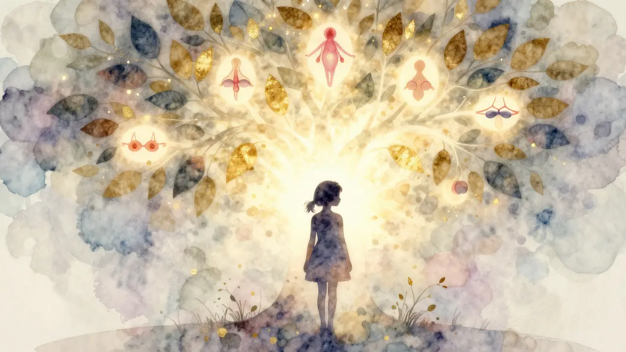 Symbolický obrázek dívky v období dospívání pod stromem s listy představujícími vývoj těla.