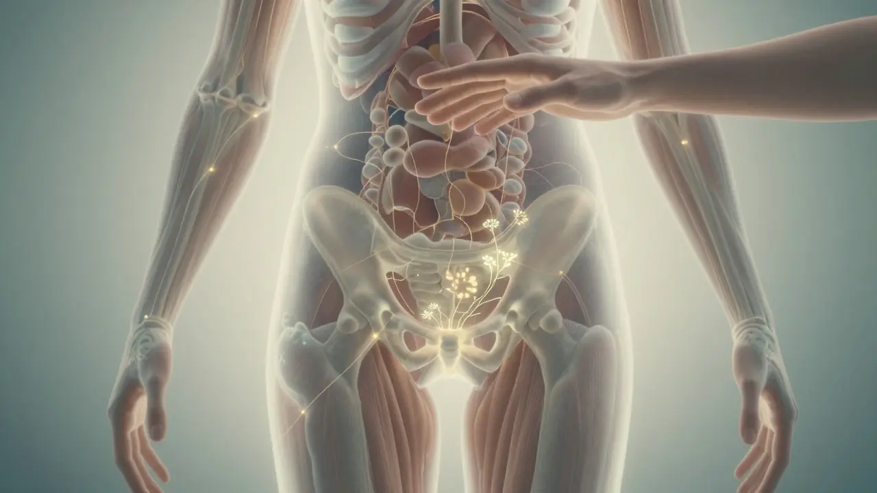 Symbolický průřez těla ženy s viditelnými hormonálními cestami a svaly, symbolizující vnitřní rovnováhu.