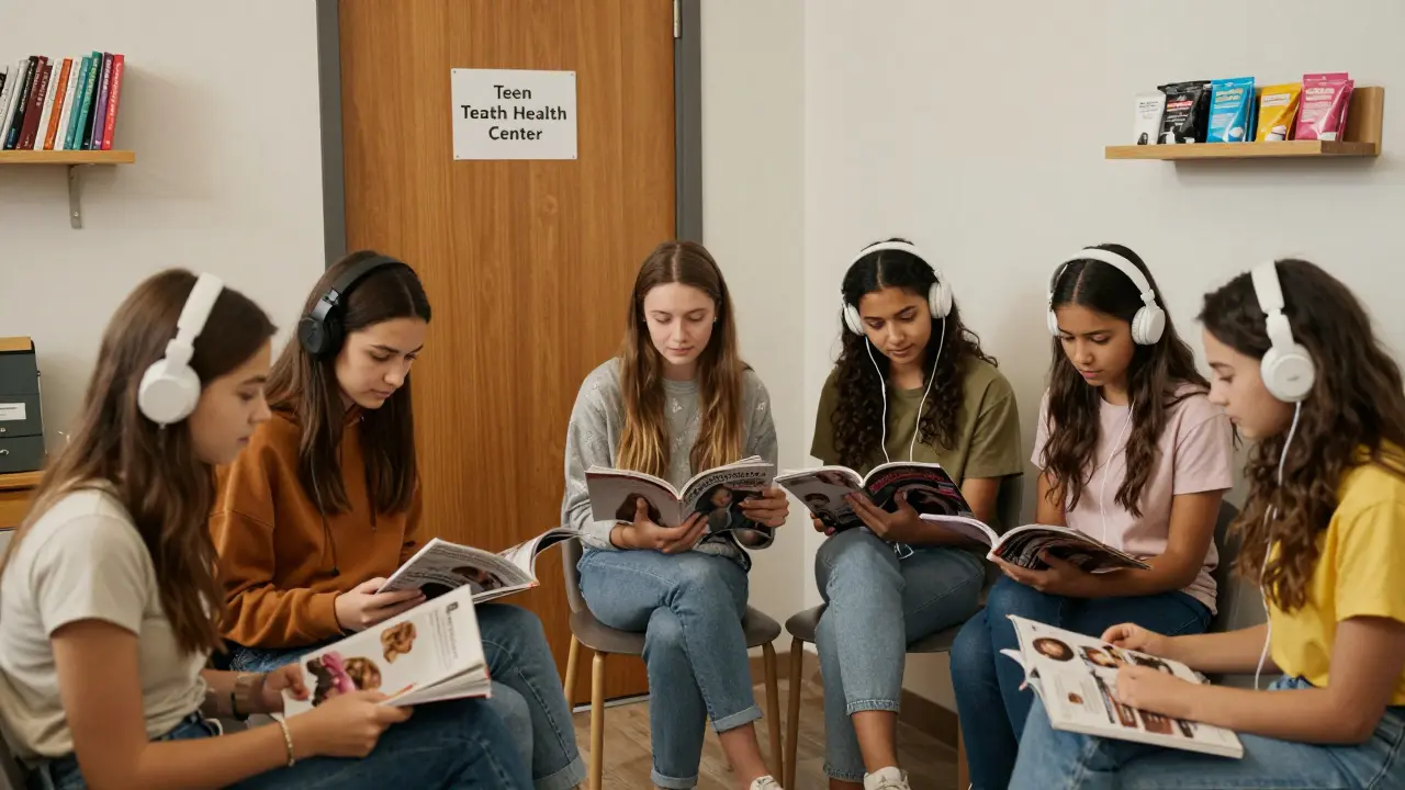 Teenage girls relaxing in a welcoming health center waiting room before their appointments.