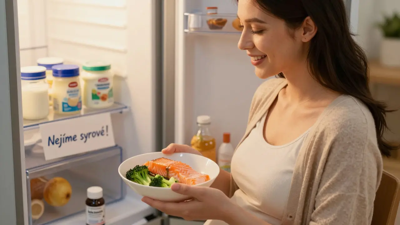 Těhotná žena jí vařené lososové filety s zeleninou, vedle ní vitamín s beta-karotenem.