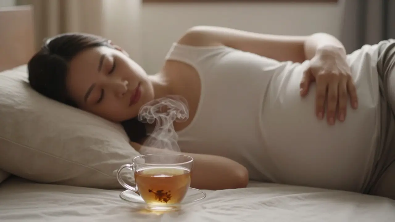 Těhotná žena odpočívá na levé straně, klidně a uvolněně.