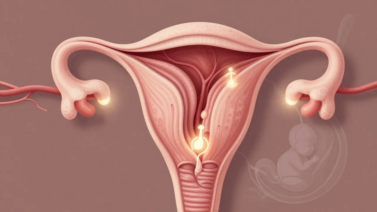 Uvnitř dělohy se svaly jemně stahují a uvolňují v přípravě na porod.