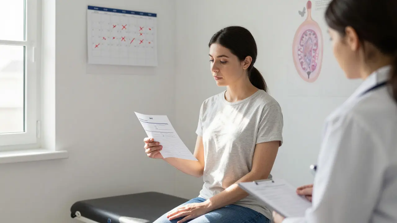 Woman in gynecologist's office holding HPV test result, calendar with missed appointments in background.