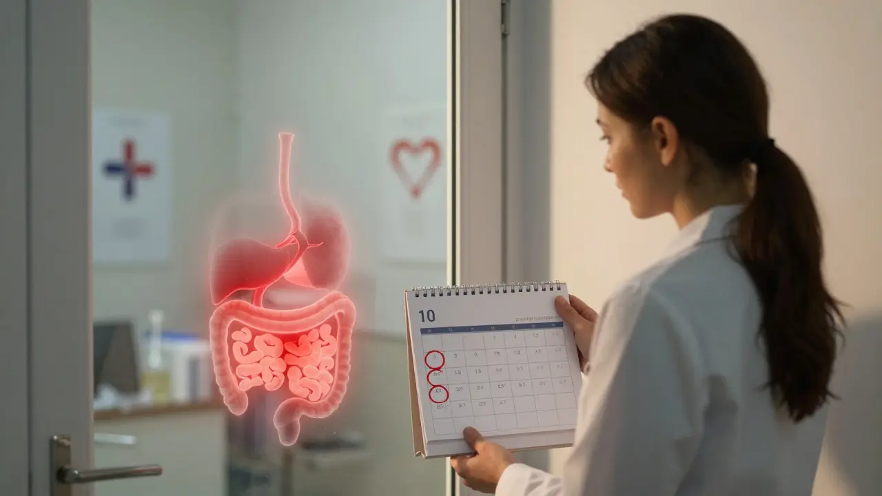 Žena drží kalendář s třemi týdny označenými červeně před gynekologickou ordinací.