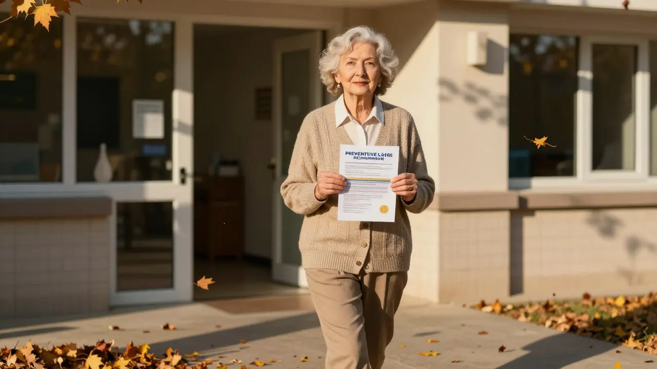 Žena nad 65 vychází ze zdravotního centra s připomínkou o prevenci.