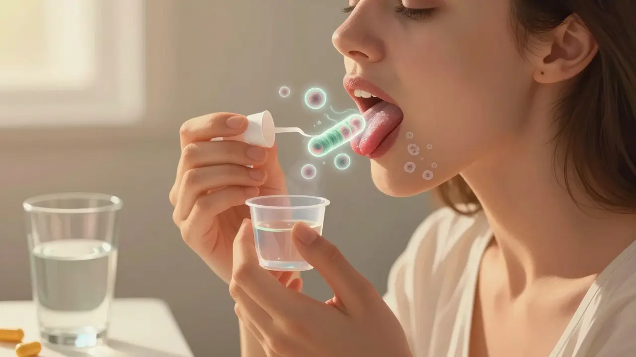 Žena pláchnoucí ústa antifungálním roztokem s probiotiky a sklenicí vody na pozadí.