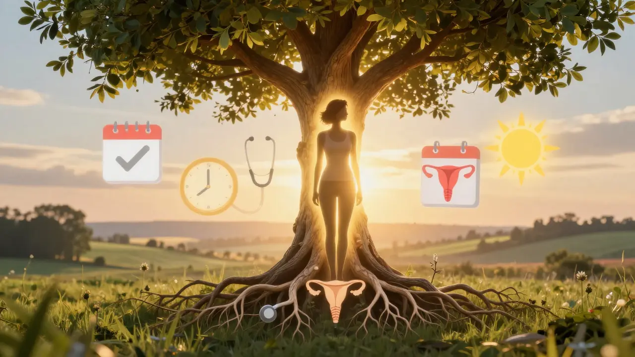 Žena pod stromem s kořeny tvaru lékařských symbolů, symbolizující prevenci a kontrolu nad vlastním zdravím.