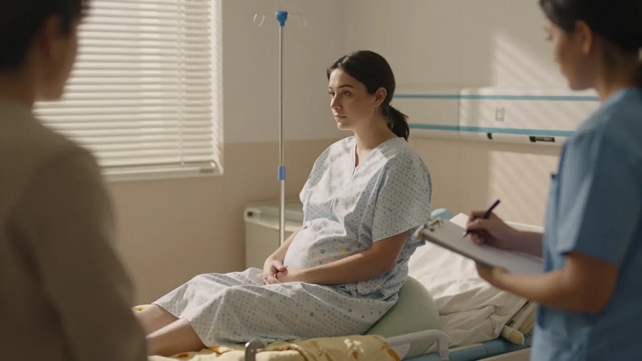 Žena sedí na porodním míči v klidné porodní místnosti s partnerem.