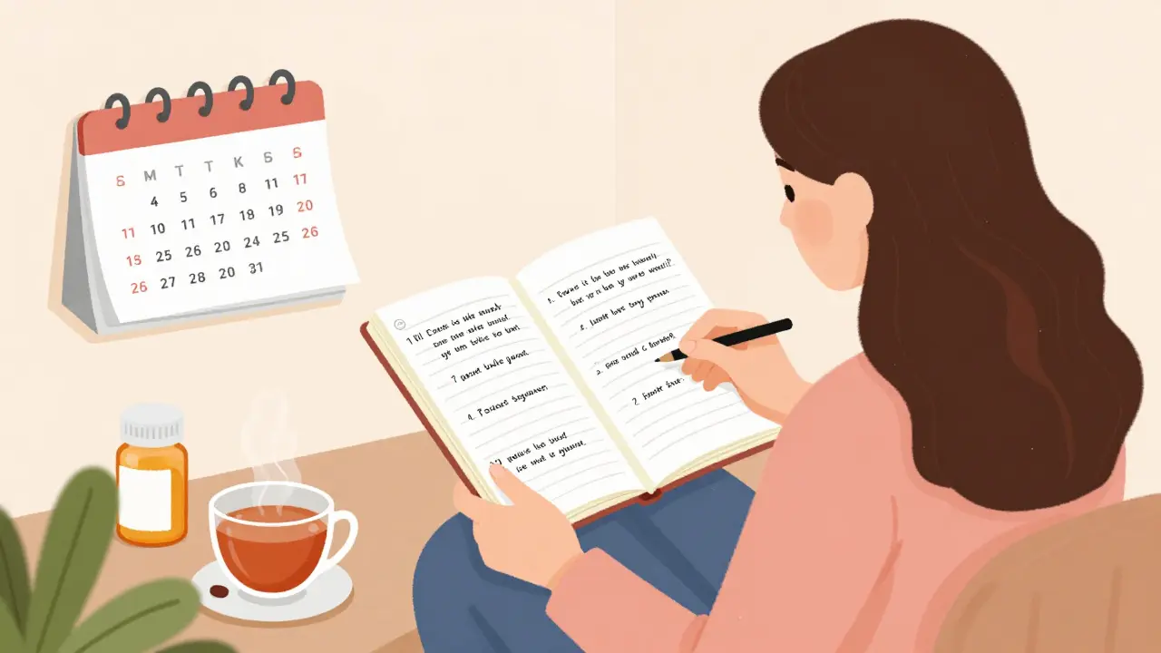 Žena v čekárně si poznámky o cyklu a pije čaj v klidné atmosféře.