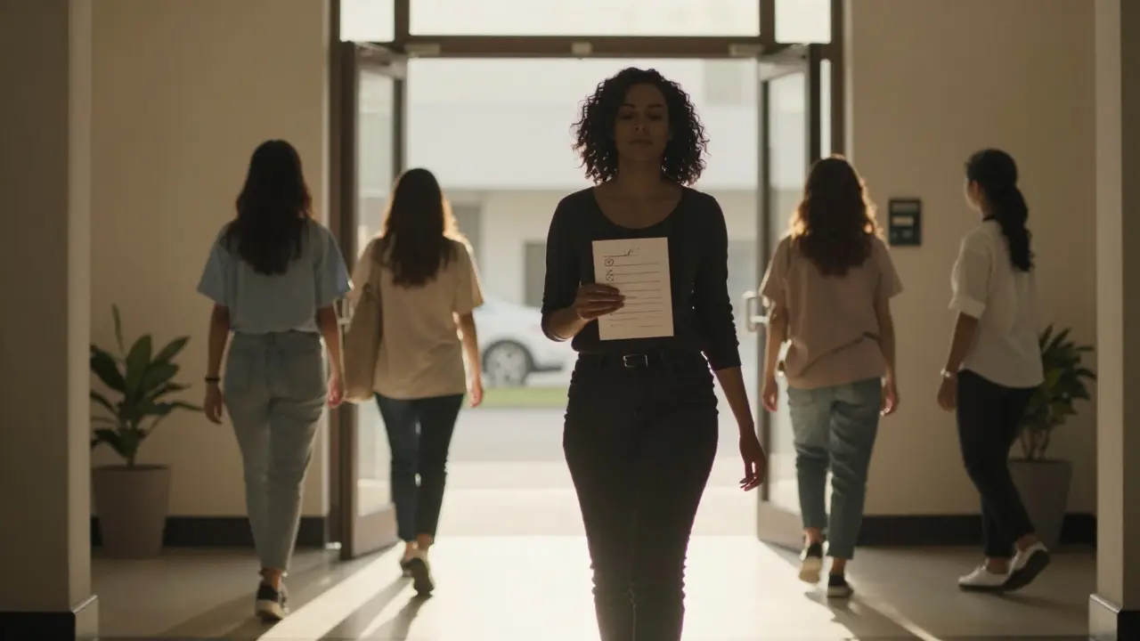 Žena vychází ze zdravotnického zařízení do slunečního světla, symbolizující odvahu a péči o zdraví.